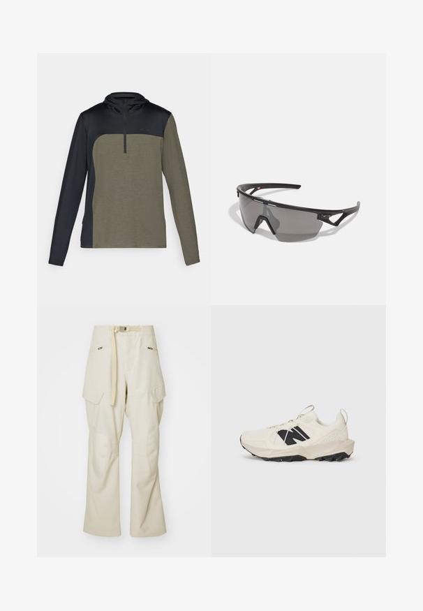Long-sleeve pullover with a half-zip, featuring a dark navy top and a khaki green lower section made from a textured, breathable fabric.; Beige cargo pants with a wide leg, belted waist, two side pockets, and knee patches. Smooth texture with reinforced stitching details.; Light beige sneaker featuring a mesh upper, black logo, and textured sole. Accented with a geometric pattern on the midsole.; Sport sunglasses with a black frame, gray lens, aerodynamic design, and angular shape; features accentuated temples and nose bridge.