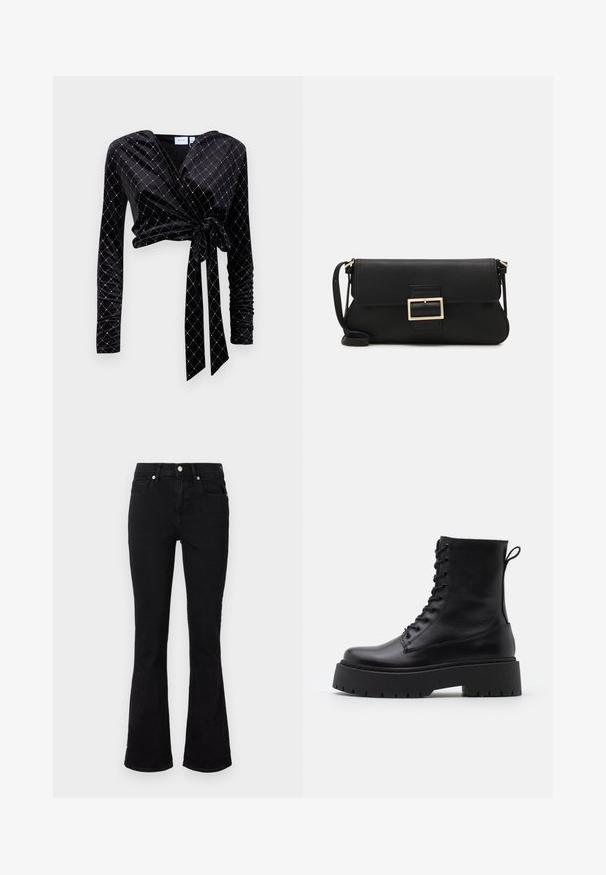 Black wrap top made of velvet with long sleeves, featuring a diamond pattern in silver, finished with a knotted tie detail at the waist.; Black flared jeans made of denim, featuring a mid-rise waist, front pockets, and button closure. Smooth texture with minimal stitching details.; Black leather ankle boots with a round toe, lace-up front, and a thick rubber sole featuring a textured tread. Pull tab at the back.; Black leather clutch bag with a flap and a gold metal buckle detail. Includes a black strap and a sleek, minimalist design.