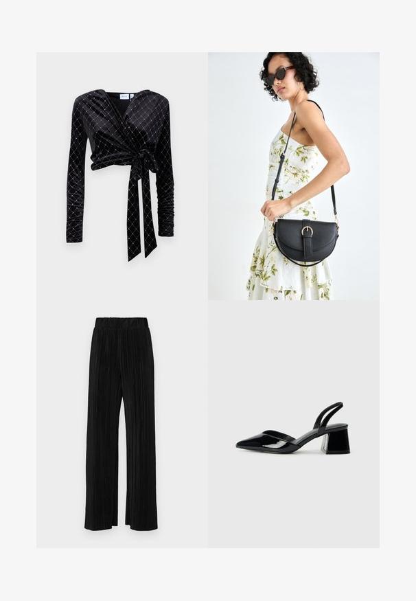 Svart omslagstopp laget av fløyel med lange ermer, med et diamanter mønster i sølv, avsluttet med en knyttet detalj i midjen.; Sorte plisserte bukser med elastisk midje. Har vide ben og et glatt, strukturert stoff med vertikale striper.; Svarte patentlær slingback hæler med spiss tå og geometrisk blokk hæl. Har et stilrent, minimalistisk design og jevn tekstur.; Svart lærveske med en buet form, avtagbar stropp og gullbeslag. Vesken har et klaff med spenne-detall.