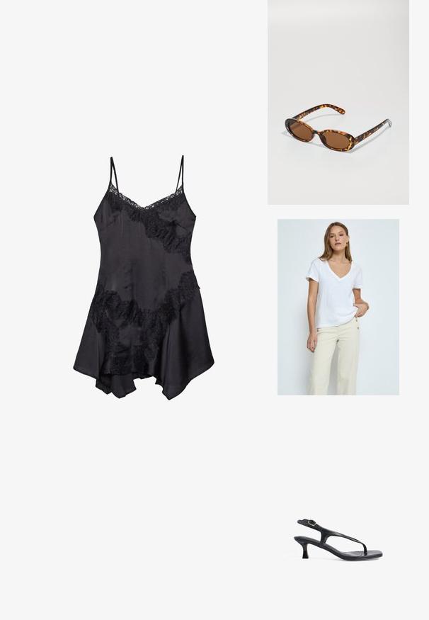 Desires DEDANNON TEE - T-shirts basic - white; Sort satin slipkjole med blondekant, featuring justerbare spaghetti-stropper og flagrende kant, blød tekstur og dekorative rynkedetaljer.; Sort læder sandal med et slankt design, tynde stropper og en lille hæl. Har en spænde detaljer og en glat, tekstureret indersål.; Skildpadde-solbriller med ovale stel, brune linser og slanke sorte arme med diskrete mønster-indsatser.; Sort tekstureret tote taske med korte håndtag, der har en guldlås og detaljer. Designet er struktureret med en geometrisk silhuet.