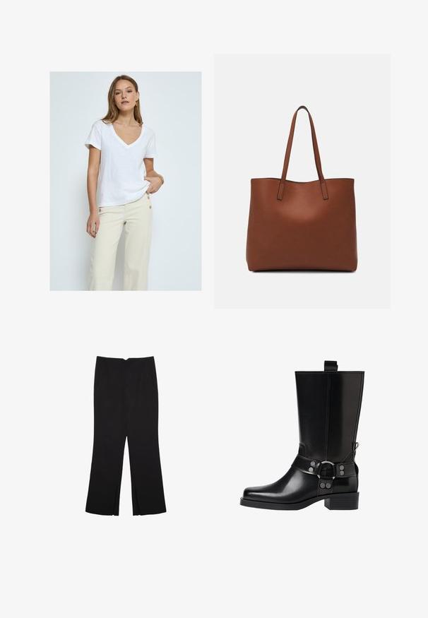 Desires DEDANNON TEE - Základné tričko - white; Čierne nohavice so strihom rovného strihu, s prednými vreckami a bočnými rozparkami na leme. Vyrobené z mäkkej, hladkej tkaniny. Vhodné na rôzne príležitosti.; Čierne kožené čižmy po kolená s špicatou špičkou, striebornými prackami a robustným podpätkom. Obsahujú pútko pre jednoduché obúvanie.; Hnedá kožená taška na rameno s hladkou textúrou, otvoreným vrchom a dvoma ramenými popruhmi. Má minimálne šitia a žiadne viditeľné kovania.