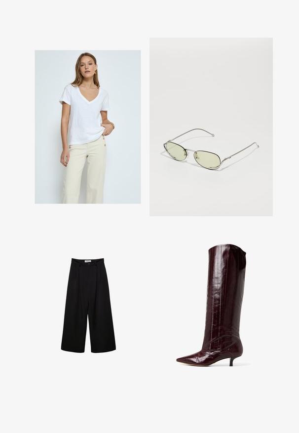 Desires DEDANNON TEE - T-shirts basic - white; Sorte brede bukser med høj talje, plisseret front og knaplukning. Lavet af glat stof med en skræddersyet design.; Vinsorte knæhøje støvler i skinnende patentmateriale. Har spidse tæer og kitten-heels med lodrette linjer på skaftet.; Cat-eye solbriller med tynd sølvmetalramme og lysegrønne linser. Har et slankt design, minimal hardware og buede tempelstykker.; Mørkebrun, blanklæder skuldertaske med samlet top og tynd, justerbar rem, der har en lille sølvfarvet spænde detaljer foran.