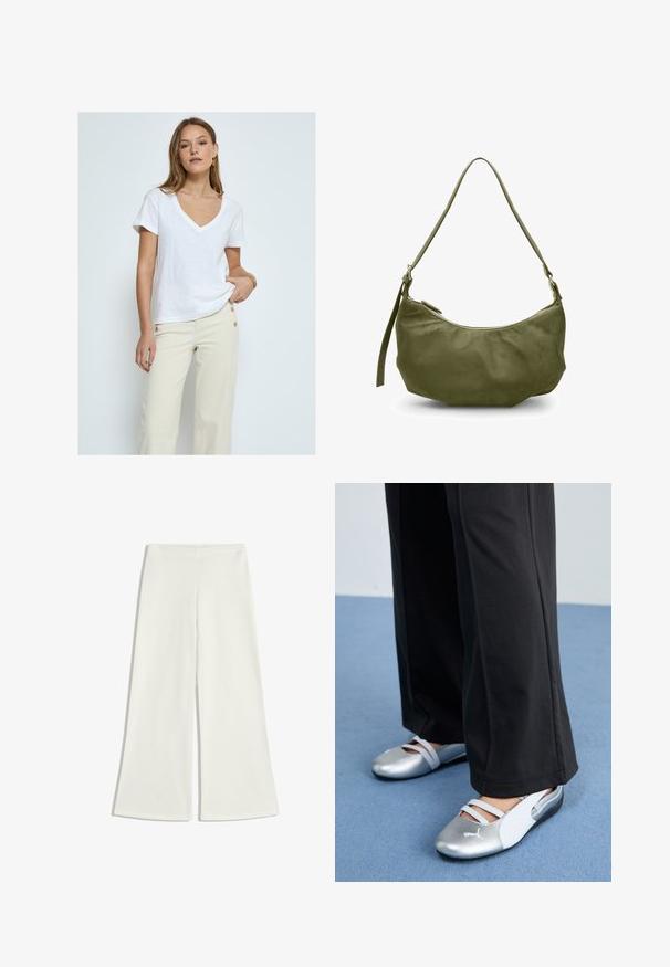 Desires DEDANNON TEE - T-shirt basic; Białe spodnie o szerokich nogawkach wykonane z gładkiego materiału. Posiadają wysoką talię i brak widocznych szwów, co tworzy czystą sylwetkę.; Srebrno-białe płaskie buty z krzyżującymi się paskami i fakturowanym wykończeniem, zestawione z luźnymi czarnymi spodniami. Na tle niebieskiej podłogi.; Oliwkowa skórzana torba na ramię o zakrzywionym kształcie, z zapięciem na zamek błyskawiczny i regulowanym paskiem. Gładka textura z minimalnymi akcentami metalowymi.