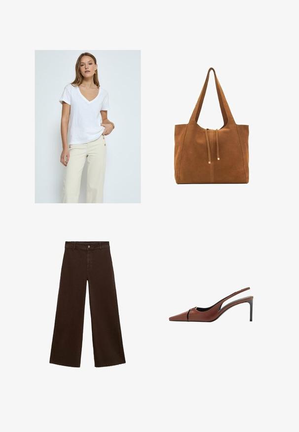Desires DEDANNON TEE - T-paita - white; Ruskeat leveät housut puuvillasekoituksesta, joissa on revitty helma, etunappikiinnitys ja perinteinen viisi-taskuinen muotoilu. Minimalistiset ja monikäyttöiset.; Ruskea nahkainen slingback-korkokenkä, jossa on terävä kärki, leikkaukset vampissa ja tyylikäs stilettokorko. Sujuva pinta.; Ruskea nubuk-olkalaukku, jossa on kaksi pitkää hihnaa, naru- ja minimalinen sulkemismekanismi. Tasainen pinta ja ei näkyviä metalliosia.