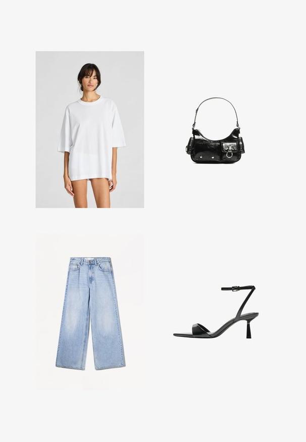 Weißes, übergroßes T-Shirt aus Baumwolle. Verfügt über einen Rundhalsausschnitt und kurze Ärmel, mit einer glatten Textur und einfachem Design.; Bershka WIDE-LEG - Wide Leg - light-blue denim; Bershka High Heel Sandalette - black; Schwarze Lackleder-Handtasche mit geschwungenem Design, einem Schulterriemen, Vordertaschen und silberfarbenen Hardware-Akzenten.