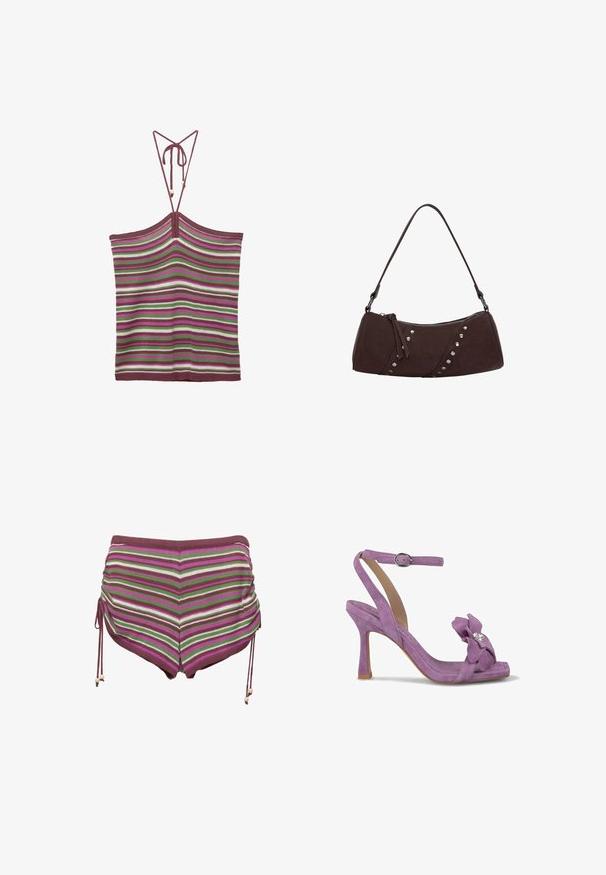 Top a canotta lavorato a maglia con lacci regolabili, caratterizzato da righe verticali in bordeaux, verde, bianco e rosa. La trama è morbida ed elastica.; Costume da bagno a righe in tonalità di rosa, verde e marrone. Presenta fianchi con coulisse e un tessuto morbido e elasticizzato.; Sandalo con tacco alto in suede viola, dotato di una cinghia alla caviglia. Presenta un'elegante decorazione floreale con dettaglio in strass sulla punta.; Borsa a tracolla in finta pelle marrone con forma curva, chiusura con zip e borchie decorative argentate su un lato. Presenta una spallina corta.