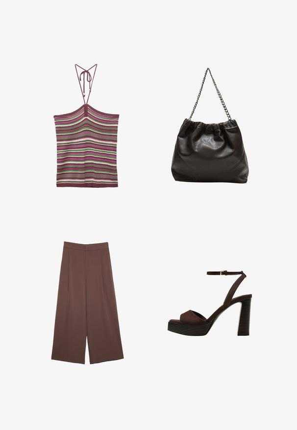 Pletená tílko s nastavovacími šňůrkami, které má vertikální pruhy v barvách burgundy, zelené, bílé a růžové. Textura je měkká a pružná.; Hnědé široké kalhoty s hladkou texturou, vysokým pasem a předními záhyby. Materiál je lehký a volně splývá.; Hnědé semišové sandály na vysokém podpatku s otevřenou špičkou, nastavitelným páskem kolem kotníku a proužkovou platformou.; Hnědá kožená taška se sbíraným vrškem a řetízkovým popruhem. Hladký povrch s lesklým finišem a jemným švem na bocích.