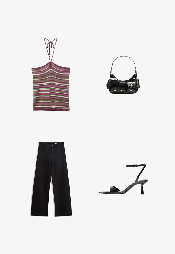 Pletený top bez rukávov s nastaviteľnými šnúrkami, zdobený vertikálnymi pruhmi v burgundskej, zelenej, bielej a ružovej farbe. Textúra je mäkká a elastická.; Čierne denimové nohavice s širokými nohavicami a vysokým pásom, so prednými a zadnými vreckami, šitými švami a zapínaním na gombík. Hladká textúra.; Bershka Sandále na vysokom opätku - black; Čierna laková kožená kabelka s ohnutým tvarom, jedným ramenným popruhom, prednými vreckami a striebornými kovovými doplnkami.