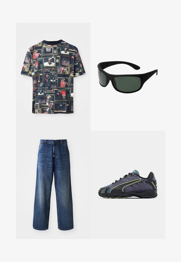 Grafisk T-skjorte med en collage av vintage-TV-er som viser basketballhandling og spillere, for det meste i mørke farger med rund hals.; Høytlivs blå denim jeans med bred ben-design, med subtil falming, frontlommer og knappelukking i midjen.; Svarte og lilla treningssko med teksturert overdel, grønne detaljer og gummisåle med bølget design. Snøring.; Sorte innpakningssolbriller med mørk grønne linser. Matt finish, buet design, med rette armer og diskret merkevare på siden.