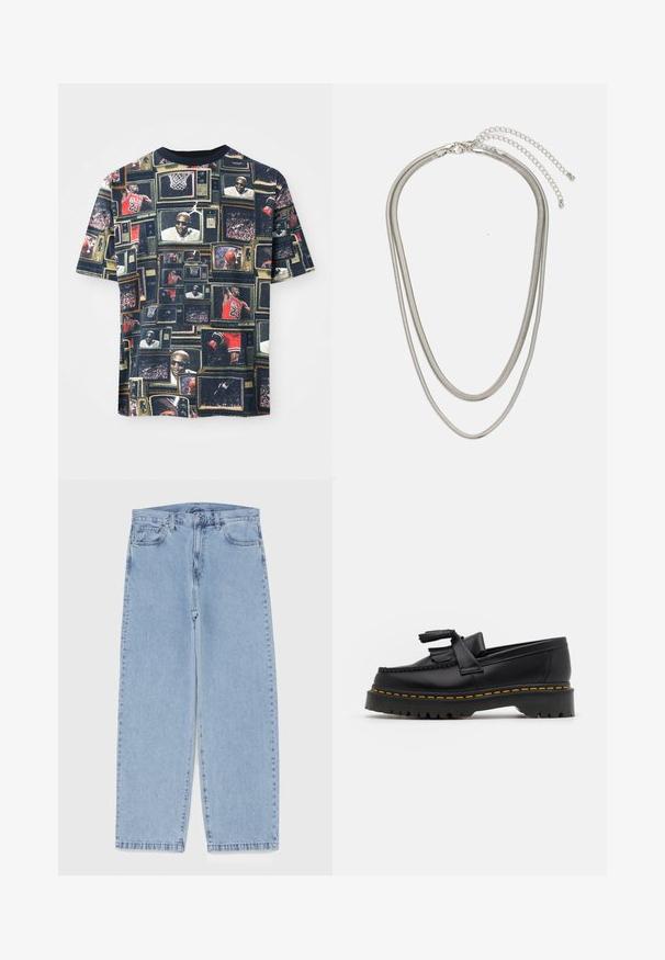 Grafikus póló, amely vintage televíziók kollázsát mutatja be, amelyek kosárlabda akciót és játékosokat ábrázolnak, döntően sötét színekben, kerek nyakkivágással.; Világoskék farmernadrág egyenes szárú kivitelben, közepes derékkal, öt zsebbel, gombos és cipzáros záródással.; Fekete bőr mokaszin, rojtos díszítéssel, masszív fekete talppal és sárga varrással az élén. Texturált felület.; Háromrétegű ezüstszínű fém nyaklánc, letisztult, rugalmas láncokkal, enyhe fényességgel, homárkapoccsal rögzítve és állítható lánccal.