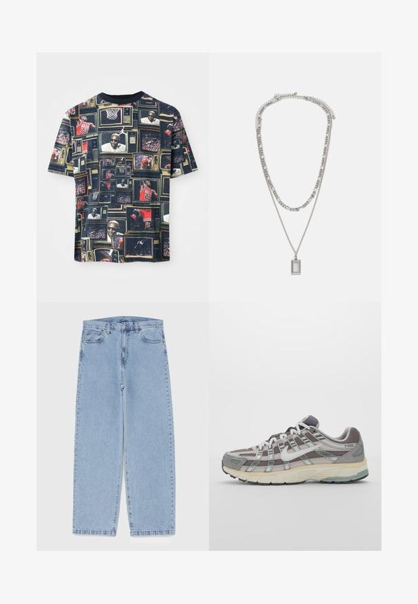 Camiseta gráfica con un collage de televisores vintage mostrando acción y jugadores de baloncesto, predominantemente en colores oscuros y con cuello redondo.; Jean de mezclilla azul claro con diseño de pierna recta, con una cintura de altura media, cinco bolsillos y un cierre de botón y cremallera.; Zapatilla deportiva gris con parte superior de malla y ante, acentos blancos, suela acolchada y un diseño distintivo con elementos reflectantes.; Collar de plata con dos cadenas superpuestas; cuenta con un colgante rectangular de superficie lisa, que exhibe un acabado metálico pulido.