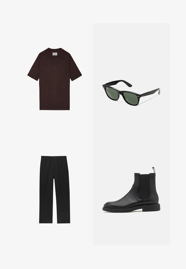 Braunes Polohemd aus strukturierter Baumwolle mit spitzem Kragen und kurzen Ärmeln. Das Etikett zeigt "NN. 07" am Hals.; Schwarze Hose mit geradem Schnitt, aus einem glatten Stoff gefertigt. Verfügt über Vorderfalten und einen einzelnen Knopfverschluss an der Taille.; Schwarze Leder-Ankle-Boots mit glatter Textur, elastischen Seitenpaneelen und einer Zuglasche. Runde Zehenpartie und flache Gummisohle mit minimalem Profil.; Schwarze Plastiksonnenbrille mit grünen Gläsern, quadratischen Rahmen, silbernem Akzent auf der Augenbraue und strukturierten Bügeln. Angegebene Marke auf dem inneren Bügel.