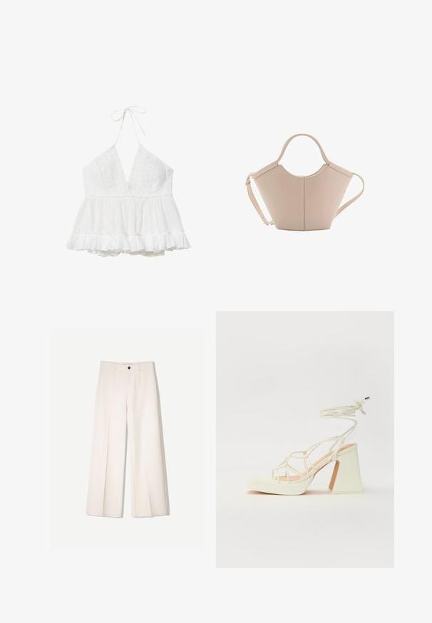 Bílý bezramínkový halter top s hlubokým V-výstřihem, krajkovými detaily na těle a volánkovým peplum spodním lemem pro volný fit.; Krémové široké kalhoty s tailored designem, které mají dvě přední kapsy a jedno zapínání na knoflík vpředu, vyrobené z hladkého materiálu.; Bílé sandály na vysokém podpatku s robustním podpatkem, s designem s pásky a zavazováním kolem kotníku. Hladký povrch s platformou vpředu pro zvýšení výšky.; Beige kožená kabelka s jedinečným tvarem, vybavená dvěma krátkými uchy a dlouhým nastavitelným popruhem. Hladká textura s minimem kovových doplňků.