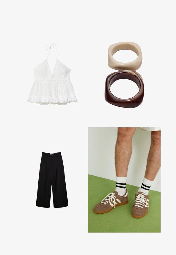Weißes ärmelloses Halftertop mit tiefem V-Ausschnitt, Spitzenverzierungen am Oberteil und einem Rüschensaum für einen lockeren Sitz.; Schwarze weite Hosen mit hoher Taille, gefaltetem Vorderteil und Knopfverschluss. Aus glattem Stoff mit maßgeschneidertem Design.; Braune Wildleder-Sneaker mit weißen Akzenten und Schnürsenkeln. Gummisohle in Kautschuk-Optik. Getragen mit weißen Socken, die schwarze Streifen haben. Grüner strukturierter Fußboden.; Stradivarius SET - Armband - dark brown