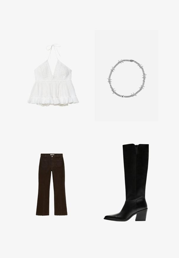 Top bianco senza maniche con scollo a V profondo, dettagli in pizzo sul corpetto e orlo peplo arricciato per una vestibilità fluida.; Jeans marroni a palazzo con vita alta, dotati di chiusura a bottoni, due tasche posteriori e dettagli a orlo sfrangiato. Realizzati in tessuto denim.; Stivali neri al ginocchio in pelle liscia, con punta appuntita, tacco a blocco e un'apertura a forma di V nella parte superiore.; Collana in argento con maglie alternate lisce e accenti cilindrici texturizzati, strutturata in forma circolare.