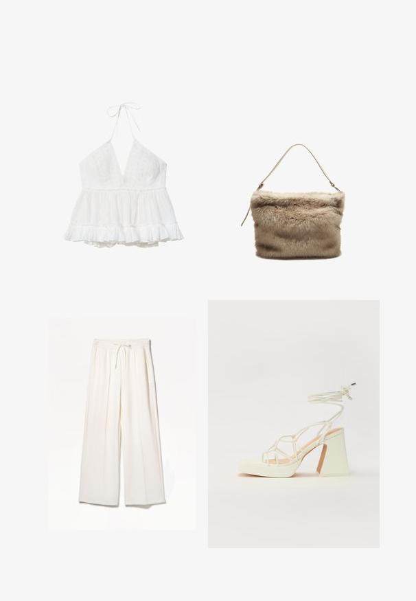 Bílý bezramínkový halter top s hlubokým V-výstřihem, krajkovými detaily na těle a volánkovým peplum spodním lemem pro volný fit.; Bílé široké kalhoty vyrobené z lehkého materiálu, s elastickým pasem, tkaničkou a bočními kapsami, bez viditelných vzorů.; Bílé sandály na vysokém podpatku s robustním podpatkem, s designem s pásky a zavazováním kolem kotníku. Hladký povrch s platformou vpředu pro zvýšení výšky.; Umělá kožešinová kabelka v světlé béžové barvě s měkkým, texturovaným povrchem. Má jeden tenký popruh a obdélníkový tvar s načechraným horním okrajem.