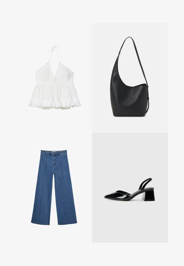 Top bianco senza maniche con scollo a V profondo, dettagli in pizzo sul corpetto e orlo peplo arricciato per una vestibilità fluida.; Jeans in denim a gamba larga di blu medio, con vita alta, chiusura con bottone e dettagli delle cuciture verticali a contrasto lungo la parte anteriore.; Décolleté in vernice nera con punta affusolata e tacco in geometria cubica. Presentano un design elegante e minimalista, con una texture liscia.; Borsa hobo nera in pelle con una superficie liscia, forma curvata e una singola tracolla regolabile; presenta un'ampia apertura nella parte superiore.