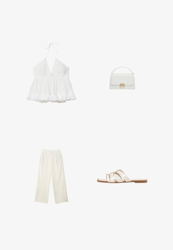 Top bianco senza maniche con scollo a V profondo, dettagli in pizzo sul corpetto e orlo peplo arricciato per una vestibilità fluida.; Pantaloni a gamba larga in tessuto crema con una texture liscia, caratterizzati da un singolo bottone frontale, pieghe sottili e un design a vita alta.; Infradito con suola in gomma color talpa, progettate con tre cinturini in pelle bianca sovrapposti e un piccolo dettaglio a fiocco al centro.; Borsa a tracolla bianca in pelle con design strutturato, dotata di manico superiore e chiusura in metallo dorato. Texture liscia e accenti minimalisti.