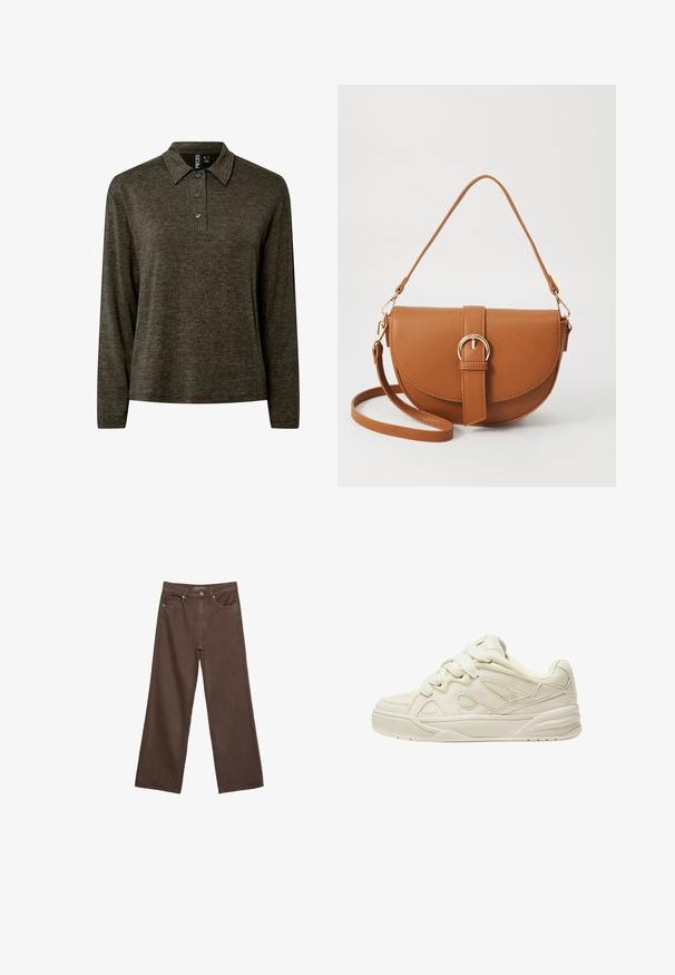 Dunkelolivgrünes Strick-Poloshirt mit langen Ärmeln, drei Knöpfen und klassischem Kragen, innen am Halsausschnitt mit dem Label "Pieces" versehen.; Weite braune Jeans aus Denim, mit hoher Taille, Fronttaschen und klassischem Knopfverschluss. Glatte Textur mit feinen Nähten.; Beige Sneaker mit strukturiertem Obermaterial, ausgeprägten Schnürsenkeln, Netzpaneelen und einer dicken Sohle. Kurviges Design mit gepolstertem Kragen für zusätzlichen Komfort.; Braune Leder-Crossbody-Tasche mit geschwungener Form, goldfarbenen Beschlägen und einer Schnallenakzentuierung. Verfügt über einen abnehmbaren Schultergurt.