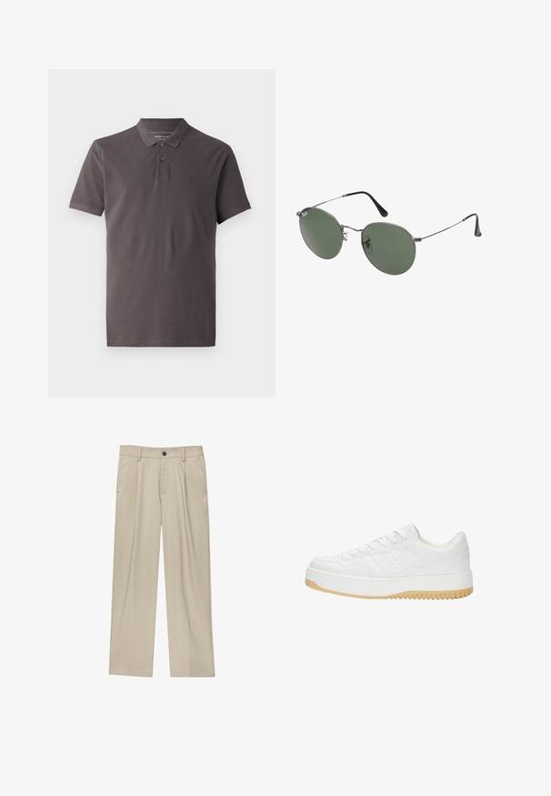 Pikétröja i mörkgrå bomull med krage, treknappslån, korta ärmar och en subtil broderad logotyp på vänster bröst.; Beiga byxor med rak passform, utrustade med en enda svart knapp, bältesöglor och sidofickor. Slät tygkänsla och minimalistisk design.; Vit lädersneaker med en texturerad yta, som har en gummisula, snördesign och subtila randaccenter på sidorna.; Metallinramade solglasögon med ovala gröna linser. Tunn silvermetallram och svarta öronpluggar. Minimalistisk design, inga synliga logotyper.