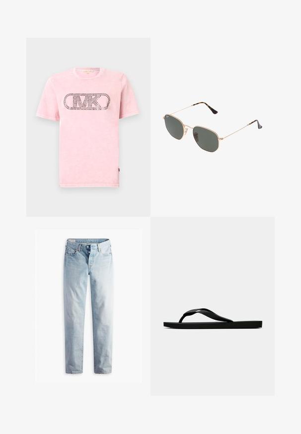 Rozā kokvilnas T-krekls ar īsām piedurknēm, priekšpusē ar sudraba rhinestone "MK" logo ovālas formas. Mīksts un nedaudz teksturēts.; Gaiši zili džinsi ar taisno kāju griezumu, divām priekšējām kabatām un divām aizmugurējām kabatām. Ietver divu pogu jostas aizdari un smalkas šuves.; Melna gumijas flip-flop sandaļa ar teksturētu nolaists jostu un vienkāršu plakanā zole, attēlota no sāniem uz vienkārša gaiša fona.; Zelta metāla rāmis saulesbrilles ar tumši zaļiem stikliem, aviator stils, ar šaurām kājām un bruņu akcentiem uz galiem.