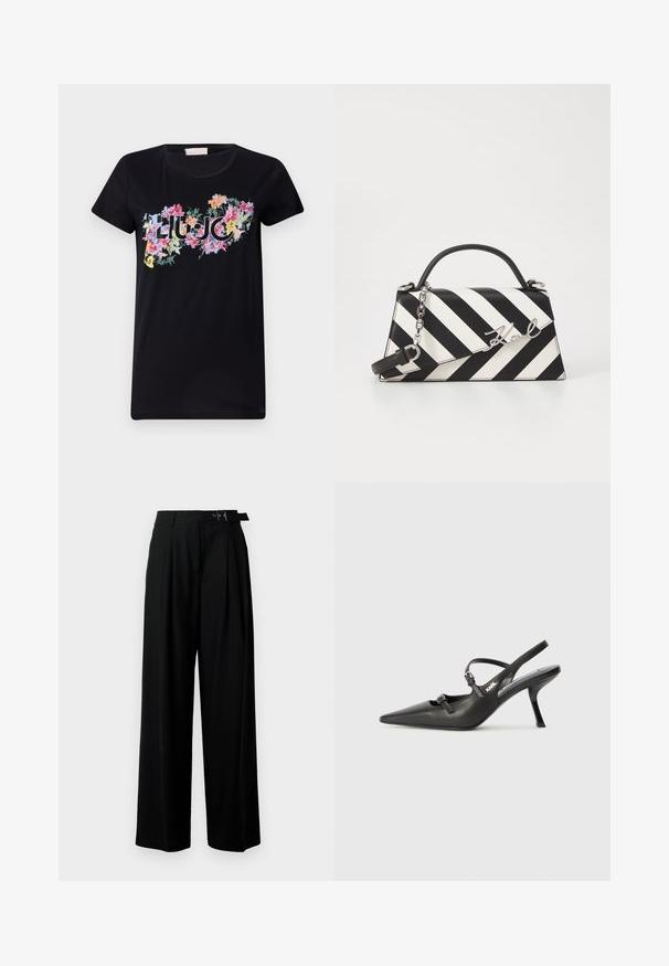 Schwarzes T-Shirt mit kurzen Ärmeln aus Baumwolle. Es verfügt über einen bunten Blumenprint mit dem Wort "LIU JO" in der Mitte, umgeben von verschiedenen Blumenformen und -designs.; Schwarze weit geschnittene Hosen mit hoher Taille, Falten an der Vorderseite und einem Gürtel mit Schnalle. Hergestellt aus glattem, leichtem Stoff.; Schwarzlederne Slingback-Absätze mit spitzer Zehenform, schlankem Absatz und dekorativem Schnallendetail auf dem Blatt. Glatte Textur und elegantes Design.; Schwarz-weiße gestreifte Handtasche mit strukturierter Form, ausgestattet mit einem oberen Griff, einem abnehmbaren Kettenriemen und einem metallischen Logo-Detail.
