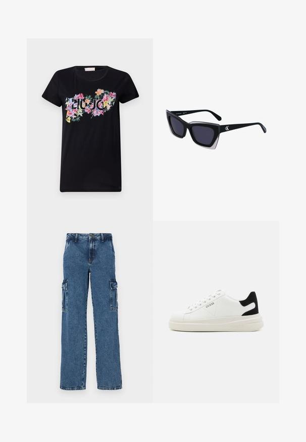 Black short-sleeve t-shirt made of cotton. Features colorful floral print with the word "LIU JO" in the center, with varying flower shapes and designs.; Blue denim cargo pants with a relaxed fit, featuring two side pockets, reinforced stitching, and a straight leg design.; White leather sneakers with a thick white sole, black suede heel accent, and embossed logo on the side. Laced design with six eyelets.; Black oversized sunglasses with a geometric shape, featuring dark lenses and a contrasting grey detail on the frame. Logo on the arm.