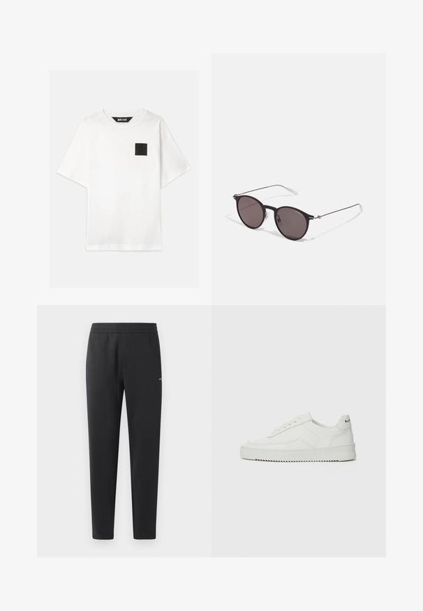 White cotton t-shirt with short sleeves, featuring a black square logo patch on the left chest. Round neckline, relaxed fit.; Black jogger pants made of soft fabric, featuring an elastic waistband, straight legs, and a single small logo detail on the side.; White leather sneaker with a smooth finish, round toe, flat laces, and a textured sole. Features a subtle logo on the heel.; Black round sunglasses with dark lenses and slim metal arms. Includes clear temple tips and silver accents at the hinge. Minimalist design.