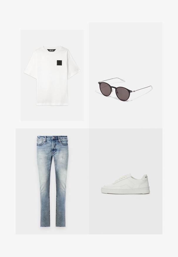 Valge puuvillane T-särk lühikeste varrukatega, millel on must ruudukujuline logoappliik vasakul rindkerel. Ümmargune kaelus, mugav lõige.; Heledad sinine teksapüksid, mis on kulunud viimistlusega, kitsas lõige, viis taskut ja kontrastõmblused õmblustes.; Valge nahast tennis, millel on sile põhi, ümar varvas, lamedad nöörid ja tekstuuriline tall. Sisaldab diskreetset logo kontsaribal.; Mustad mustad prillid tumedate läätsedega ja õhukeste metallist käepidemetega. Kaarja kujuga seljaosa ja hõbedased aktsendid hingel. Minimalistlik disain.