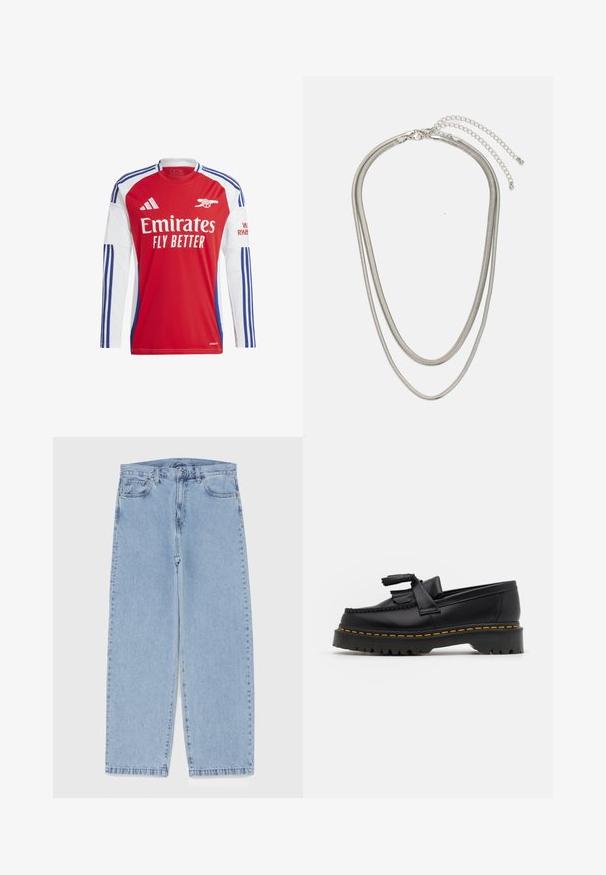 adidas Performance ADIDAS PERFORMANCE ARSENAL 24/25 LONG SLEEVE HOME JERSEY - Maillot de foot - better scarlet white; Jean en denim bleu clair avec une coupe droite, présentant une taille mi-haute, cinq poches, et une fermeture à bouton et à fermeture éclair.; Mocassin en cuir noir avec un accent à frange, doté d'une semelle épaisse noire et d'une couture jaune le long du bord. Fini texturé.; Collier en métal argenté à trois couches présentant des chaînes flexibles et élégantes avec un léger éclat, sécurisé par un fermoir en forme de homard et une chaîne ajustable.
