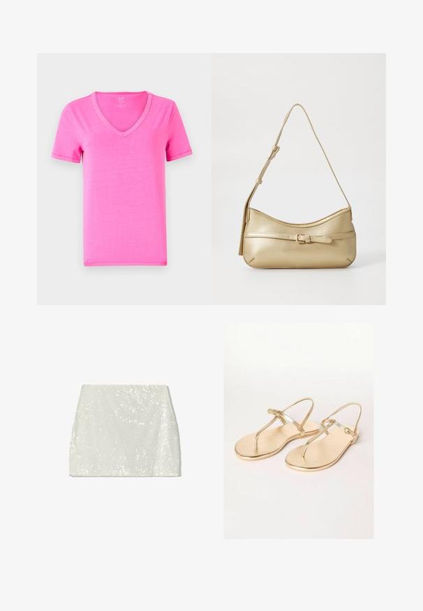 Rosa kurzärmeliges T-Shirt mit V-Ausschnitt, aus weichem Material gefertigt, mit klassischem Schnitt und dezenten Nähdetails entlang der Ärmel und des Saums.; Bershka A-Linien-Rock - white; Friends Like These REGULAR FIT - TOE THONG FIT - Zehentrenner - gold; Metallic gold Schultertasche mit geschwungener Form, glatter Textur, einem flachen Riemen und einem dekorativen Schnallendetail auf der Vorderseite.