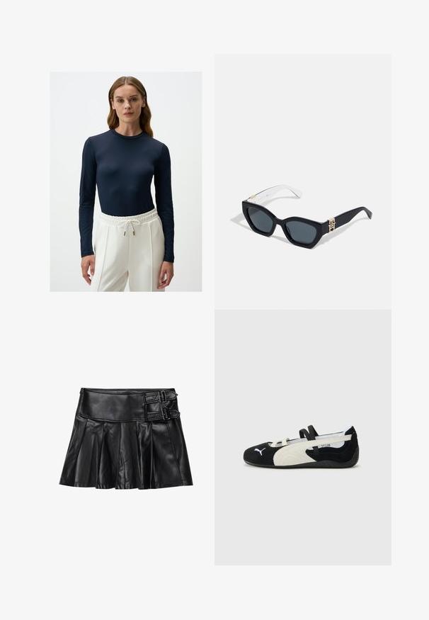 Granatowa bluzka z długim rękawem, wykonana z gładkiego materiału, z dopasowanym krojem i wzorzystymi akcentami z siateczki na rękawach, w połączeniu z białymi spodniami z elastycznym pasem.; Czarna skórzana spódnica z plisami, szerokim pasem i dwoma detalami w postaci klamer z boku. Gładka faktura o błyszczącym wykończeniu.; Czarno-kremowy ultra-lekki but z zamszową cholewką, płaską podeszwą, elastycznymi paskami i małym logo na palcu.; Tommy Hilfiger Okulary przeciwsłoneczne