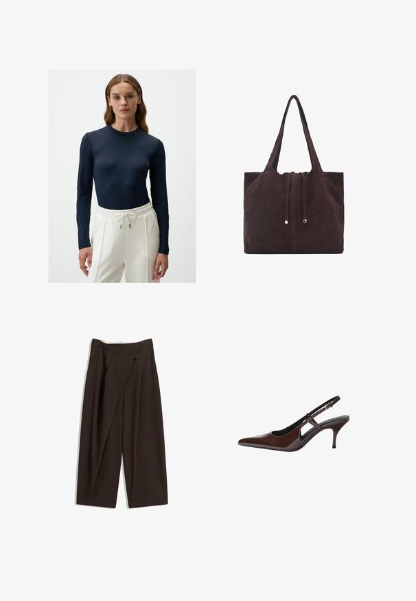 Marineblauw langemouwen top van gladde stof, slim fit design, en met gemusterde mesh accenten op de mouwen, gecombineerd met witte broeken met elastische taille.; Donkere bruin wijde broek met een hoge taille, voorzien van een enkele knoopsluiting en een geplooide voorkant. Gemaakt van lichtgewicht stof.; Bruine gepatenteerde leren slingback pump met een spits toelopende neus, open uitsparingen en een dunne hak. Voorzien van een verstelbare gesp.; Mango Shopper - dark brown