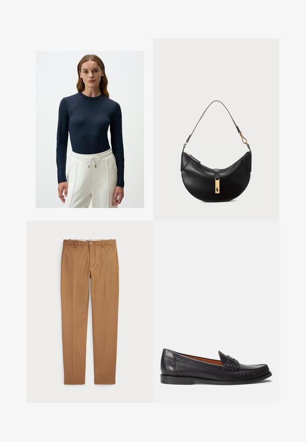 Marineblaues Langarmoberteil aus glattem Stoff, taillierter Schnitt und gemusterte Mesh-Akzente an den Ärmeln, kombiniert mit weißen Hosen mit elastischem Bund.; Braune Baumwollhosen mit schmalem Schnitt, flachem Vorderteil und Standardtaschen; glatte Textur und abgeschnittene Säume.; Polo Ralph Lauren CALFSKIN PENNY LOAFER - Slipper - black; Schwarze Lederhandtasche in Halbmondform. Verfügt über eine goldene Hardware-Akzentuierung und einen schmalen Tragegurt. Sanfte Textur, Reißverschlussverschluss an der Oberseite.
