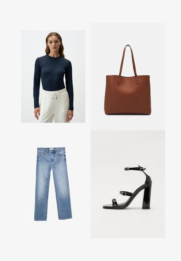 Marineblaues Langarmoberteil aus glattem Stoff, taillierter Schnitt und gemusterte Mesh-Akzente an den Ärmeln, kombiniert mit weißen Hosen mit elastischem Bund.; Gerade geschnittene blaue Denim-Jeans mit einer verblassten Waschung, fünf Taschen und einer klassischen Knopfleiste. Aus Baumwollmaterial mit auffälligen Nähten.; Schwarze Lackleder-Sandalen mit hohen Absätzen, zwei Riemen mit Schnallen, quadratischer Zehenpartie und klobigem Blockabsatz, mit einer glatten, glänzenden Textur.; Braune Leder-Tote mit glatter Textur, offenem Oberteil und zwei Schulterriemen. Verfügt über minimale Nähte und keine sichtbaren Beschläge.