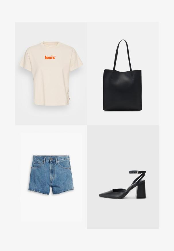 Levi's® GRAPHIC CLASSIC TEE - Print T-shirt - chenille angora; Denim shorts in light blue, featuring five pockets, a zip fly, and a button closure. The hem is frayed with a relaxed fit design.; Black leather pointy-toe pump with an ankle strap and a chunky heel. Flat texture, sleek design, and minimalistic aesthetics.; Black leather tote bag with smooth texture, rectangular shape, and two long handles. No visible hardware or embellishments.