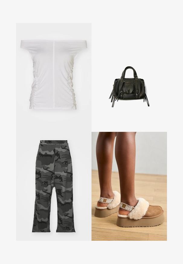 Witte off-the-shoulder top, met geplooide zijdetails, zachte stof, aansluitend ontwerp en een rechte halslijn.; Camo joggers in zwart- en grijstinten, met een elastische tailleband, een ruime pasvorm en lichte spltits aan de onderkant van de benen.; Bruine platformslippers met een met bont gevoerde band en zachte beige bontaccenten. Bevat een logo op de band en een gestructureerde buitenzool.; Zwarte lederen handtas met gevlochten handvatten, ritsvak en hangende franjes. Gelaagde oppervlakte met metalen studs en hardwareaccenten.