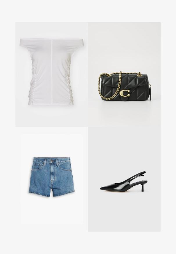 Weißes Off-Shoulder-Oberteil, geraffte seitliche Details, weicher Stoff, figurbetontes Design und gerade Ausschnitt.; Hellblaue Denim-Shorts mit fünf Taschen, einem Reißverschluss und einem Knopfverschluss. Der Saum ist fransig und das Design bietet eine lässige Passform.; Schwarze Lackleder-Slingback-Absätze mit spitzer Zehe, dünnem Absatz und verstellbarem Schnallenriemen. Glatte Textur mit minimaler Ausstattung.; Schwarze, gesteppten Lederhandtasche mit einer goldfarbenen Kettenriemen und einem Drehverschluss, der mit einem runden Akzent verziert ist. Kompakte rechteckige Form.