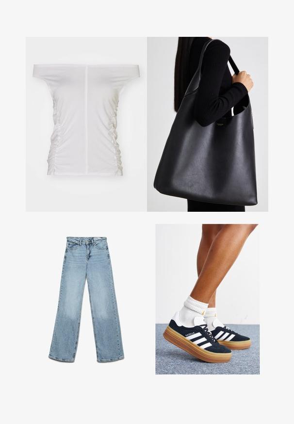 White off-the-shoulder top, gathered side detailing, soft fabric, fitted design, and a straight neckline.; Light blue wide-leg jeans, made of denim, featuring a classic five-pocket design and a straight cut with minimal fading on the legs.; Black suede sneakers with white stripes and accents, rounded toe, gum rubber outsole, paired with white ribbed crew socks.; Black leather tote bag with a smooth texture, oversized shape, and a single shoulder strap. Features a gold logo accent.