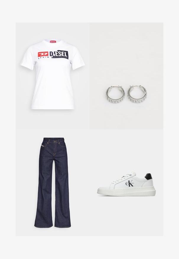 Biała bawełniana koszulka z okrągłym dekoltem, z wyraźnym czarnym i czerwonym logo Diesel oraz napisem "DENIM" w kontrastowym stylu. Krótkie rękawy.; Ciemnoniebieskie dżinsy szerokie w nogawkach wykonane z denimu, z wysokim stanem, z pomarańczowymi przeszyciami, pięcioma kieszeniami i zapięciem na guzik.; Białe sneakersy typu low-top z czarnym paskiem na pięcie, platformą, sznurowadłami i logo "CK" marki Calvin Klein na boku.; Srebrne kolczyki w kształcie obręczy o teksturowanym wzorze z pionowymi żłobieniami. Okrągły kształt z pewnym zapięciem. Gładkie wykończenie.