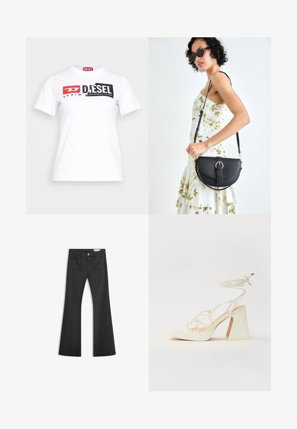 Witte katoenen t-shirt met een ronde hals, voorzien van opvallende zwarte en rode Diesel branding en "DENIM" tekst in een contrasterende stijl. Korte mouwen.; Zwarte flared jeans van denim met een gladde textuur, voorzien van twee achterzakken en een knoopsluiting bij de taille.; Witte hoge hakken sandaal met een chunky hak, met een bandjesontwerp en enkelband. Gladde textuur met een plateau voor extra hoogte.; Zwarte leren handtas met een gebogen vorm, afneembare schouderband en gouden hardware. De tas heeft een klep met een gespsluiting.