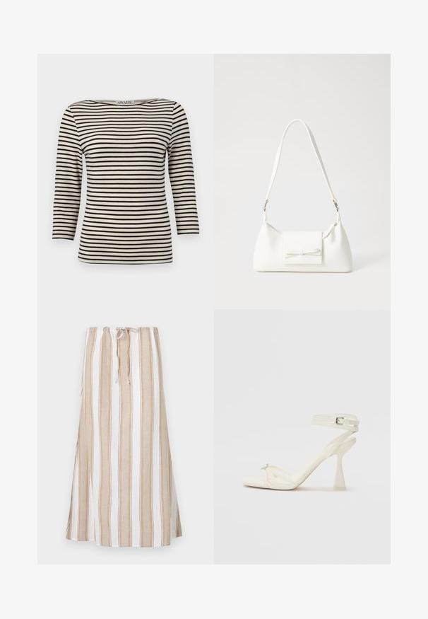 Black and cream striped, long-sleeve top with a boat neckline. Fabric has a smooth texture and uniform pattern. Casual design with a relaxed fit.; Striped skirt in white and light brown, featuring a drawstring waist and a long, flowing design. Made from lightweight fabric with a relaxed fit.; Strappy high-heeled sandal in white leather with a sleek design, a transparent block heel, and a decorative element at the toe.; White synthetic handbag with a triangular shape, flat front flap and bow detail, adjustable strap, smooth texture, and minimalistic design.