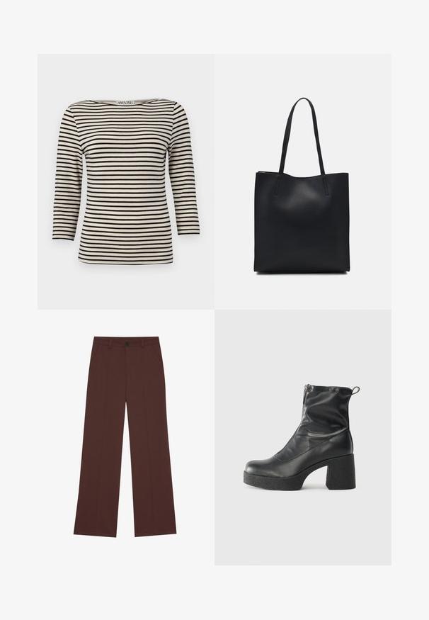 Fekete és krémcsíkos, hosszú ujjú felső, bóta nyakkivágással. Az anyag sima textúrájú és egységes mintázatú. Lazább, kényelmes fazon.; Bő szárú nadrág gazdag barna szövetből. Gombos záródás, két elülső zseb, sima textúra és tiszta vonalak jellemzik.; Fekete bokacsizmák sima bőrből, oldalsó cipzárral, vastag, texturált sarkú és lekerekített orrú dizájnnal.; Fekete bőrtáska sima felszínnel, téglalap alakú, két hosszú füllel. Nincs látható fémkiegészítő vagy díszítés.