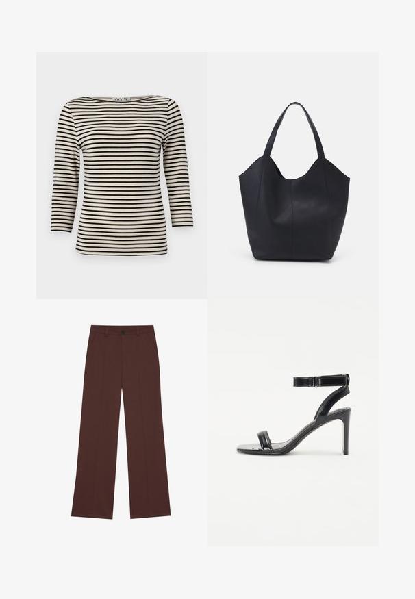 Black and cream striped, long-sleeve top with a boat neckline. Fabric has a smooth texture and uniform pattern. Casual design with a relaxed fit.; Wide-leg trousers in a rich brown fabric. Features a button closure, two front pockets, smooth texture, and clean lines.; Black heeled sandal with a glossy finish, featuring two slim straps and an ankle strap, set on a slender stiletto heel.; Black tote bag made of smooth leather, featuring a curved, open top with two shoulder straps and a minimalist design.