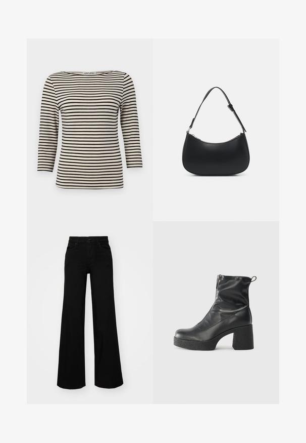 Fekete és krémcsíkos, hosszú ujjú felső, bóta nyakkivágással. Az anyag sima textúrájú és egységes mintázatú. Lazább, kényelmes fazon.; Fekete, bő szárú farmernadrág, amelynek állítható derékrésze van, övhurkokkal és elülső zsebekkel. Simaság jellemzi, klasszikus dizájnnal.; Fekete bokacsizmák sima bőrből, oldalsó cipzárral, vastag, texturált sarkú és lekerekített orrú dizájnnal.; Pieces PCALUANA SHOULDER BAG - Kézitáska - black