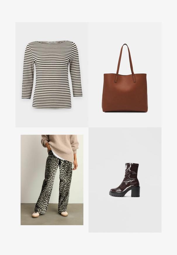 Črna in kremna črtasta dolgosleeve majica z čolnastim ovratnikom. Tkanina ima gladko teksturo in enakomeren vzorec. Sproščen dizajn z udobnim krojem.; Hlače širokega kroja z leopardjim vzorcem, izdelane iz mehkega materiala, z elastičnim pasom v črni in bež barvi. Ujemajo se z bež puloverjem.; Sijajan škrlatank z bleščečim videzom, z masivnim črnim peto, ki se ponaša z gladko teksturo in preprostim dizajnom. Brez vidnih zapenjal ali vzorcev.; Rjava usnjena torba z gladko teksturo, odprto zasnovo zgoraj in dvema naramnima trakovoma. Opremljena je z minimalnim šivanjem in brez vidnih kovinskih delov.