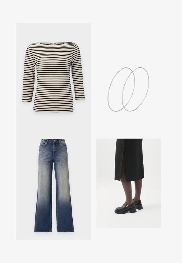 Musta ja vaaleancreme raidallinen pitkähihaisena paita, jossa on venepääntie. Kankaan pinta on sileä ja kuvio on yhtenäinen. Rentouttava muotoilu, jossa on väljä istuvuus.; Korkeavyötäröiset leveälahkeiset farkut vaaleansinisestä tummansiniseen denimmateriaaliin, joissa on haalistumia. Farkuissa on nappihyrrä ja vyölenkit. Siisti helma eikä näkyviä koristeluita.; Mustat nahkakengät pyöreällä kärjellä, paksulla lohkopohjalla ja joustavilla sivuakkesseilla, yhdistettynä tummiin sukkahousuihin ja mustaan hameeseen, jossa on halkio.; Hopehope hopeilla, joissa on minimalistinen muotoilu. Pyöreä muoto, sileä pinta ja ohut profiili. Kevyet ja kiillotetut.