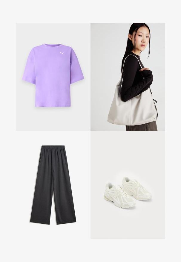 Fioletowa, przeskalowana koszulka wykonana z bawełny z okrągłym dekoltem. Posiada krótkie rękawy oraz białe logo Pumy na lewej piersi. Gładka tekstura.; Szerokie czarne spodnie wykonane z miękkiego materiału, z elastycznym pasem i kieszeniami bocznymi. Gładka faktura z czystymi szwami.; Białe buty sportowe wykonane z siateczki i materiałów syntetycznych, z wiązanym fasonem, wyściełanym kołnierzem i strukturalną podeszwą dla lepszej przyczepności. Lekka konstrukcja.; Beżowa torebka wykonana z miękkiego materiału, charakteryzująca się luźnym fasonem, wyszywanymi detalami i dwoma uchwytami na ramię. Idealna na co dzień.