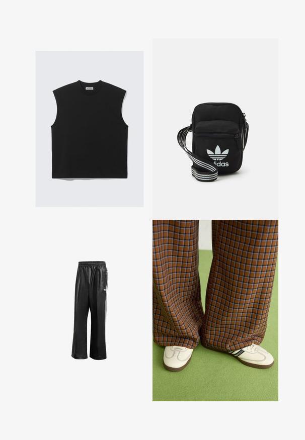 Melnā bezpiedurkņu bluze, kas izgatavota no mīksta kokvilnas auduma, ar apaļu kakla izgriezumu un kvadrātveida siluetu ar tīrām malām.; Melnas sintētiskas sporta bikses ar elastīgu jostasvietu, ar baltām sānu svītrām un mazu baltu logo kreisajā gurnā.; Brūni un zili rūtaini platās kājas bikses, kas savienotas ar baltām kurpēm ar melniem akcentiem un teksturētām zolēm, uz zaļa fona.; Melna auduma crossbody soma ar rāvējslēdzēja aizdari, kurai ir balts Adidas logo un svītrainas regulējamas siksnas ērtiem pārvietošanās veidiem.