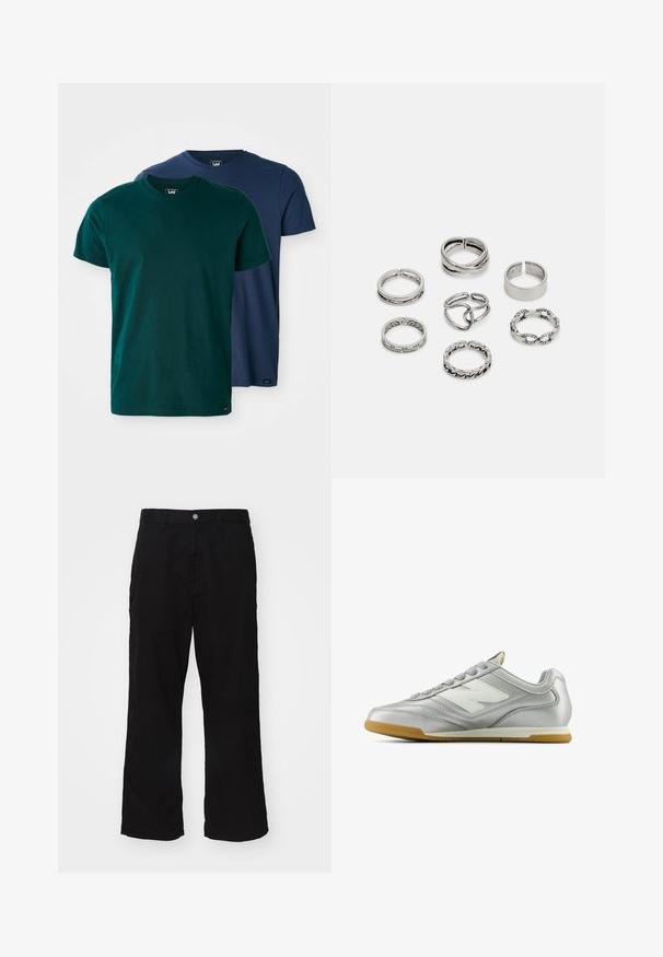 Dvě krátké rukávy trička v tmavě zelené a námořnické modři. Vyrobené z měkké bavlny, s klasickým kulatým výstřihem a volným střihem.; Černé kalhoty s širokými nohavicemi vyrobené z bavlněné směsi, s knoflíkovým zapínáním a rovnými nohavicemi s minimálně viditelným švem.; Stříbrná sportovní obuv s hladkým, lesklým povrchem, bílým logem na boku, texturovanými šedými tkaničkami a podešví z gumové pryže.; Sada sedmi stříbrných prstenů s různými vzory, včetně zamotaných, propletených a rytých motivů. Různé tvary a šířky.